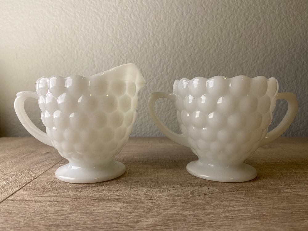 Vintage White Bubble Milk Glass Creamer and Sugar Set
